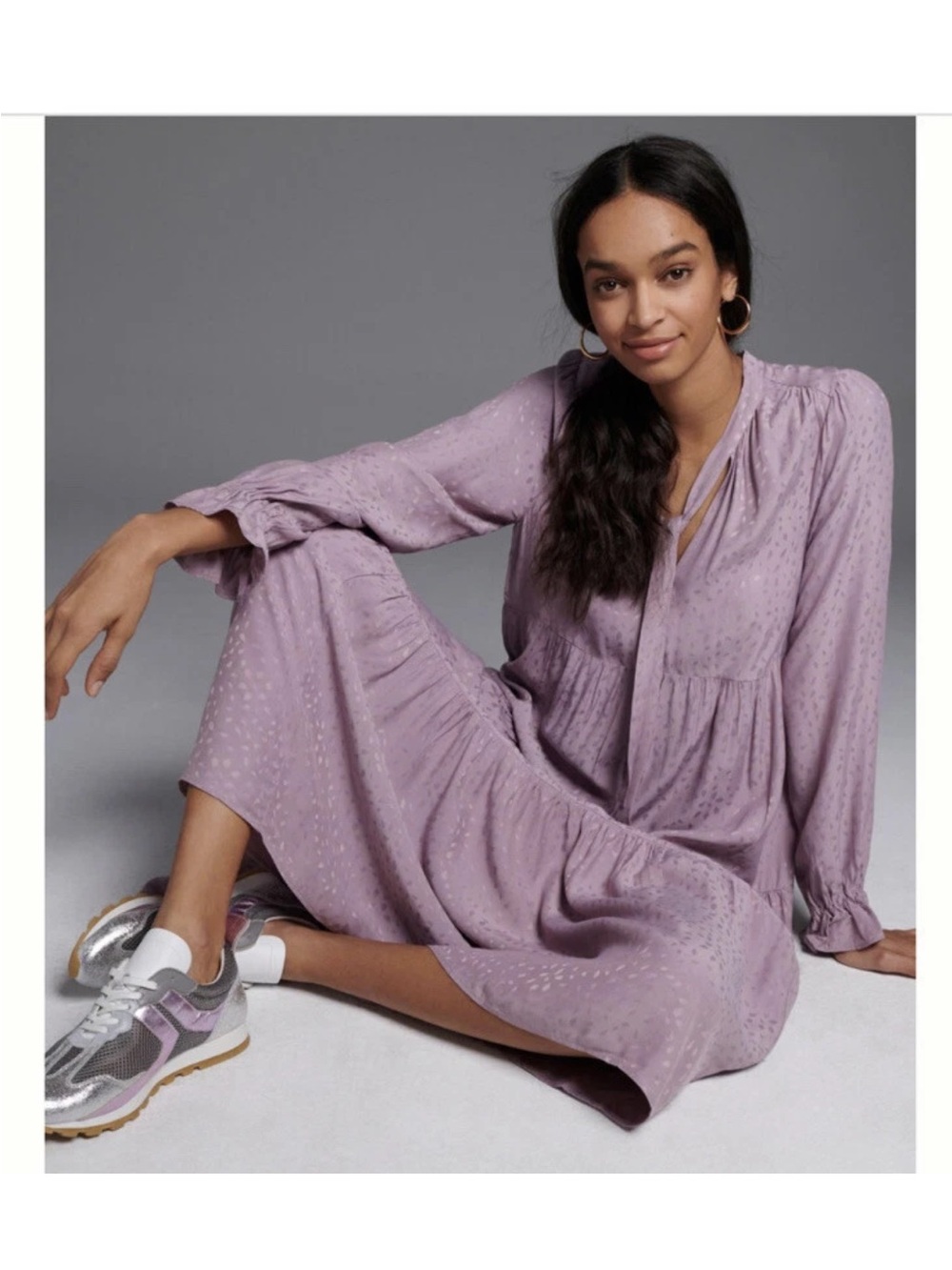 Anthropologie Maeve Lilac Long Sleeve Tiered maxi Dress Sz Large
